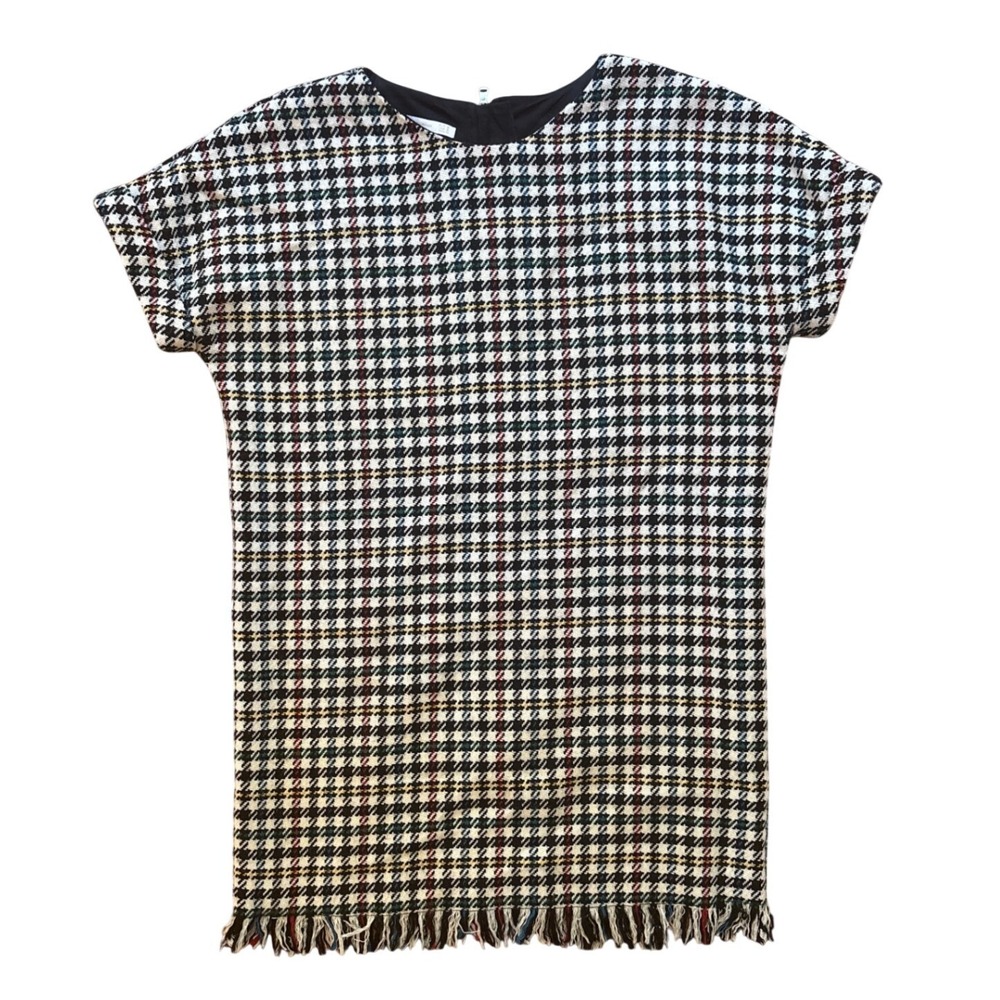Zara Houndstooth Shift Dress Womens Multicolor Excellent Fringe Tweed S